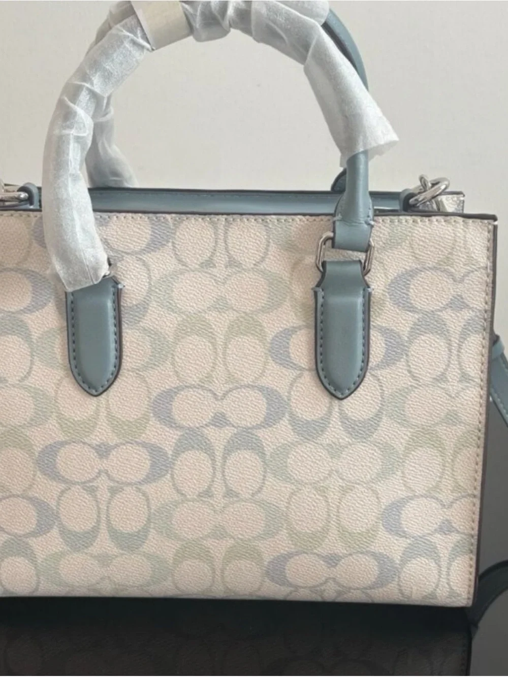 Coach Mini Satchel in Pale Blue and Ivory Signature Print